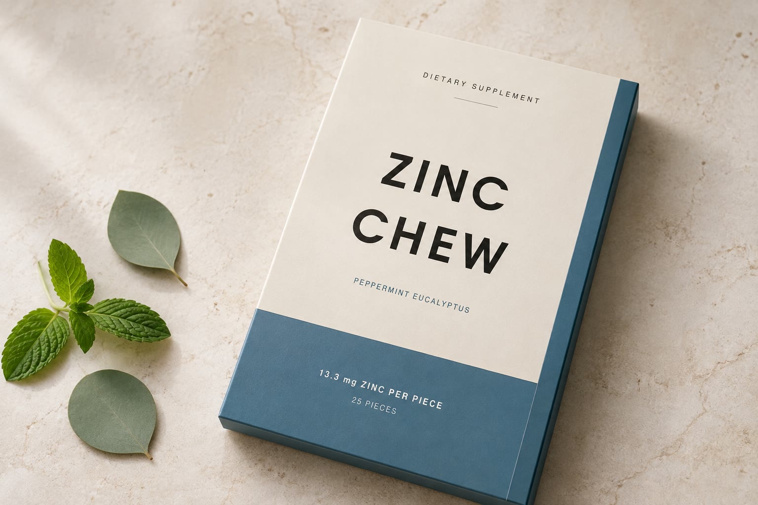 Zinc Chew pack on stone with peppermint and eucalyptus leaves